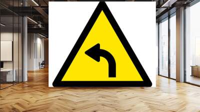 Vector left turn flat warning sign. Triangle icon uses black and yellow colors. Symbol style is a flat left turn hazard sign on a white background. Icons designed for notice signals, road signs, Wall mural