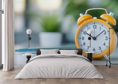 An analogue yellow alarm clock on a table next to a pen and a piece of paper Wall mural