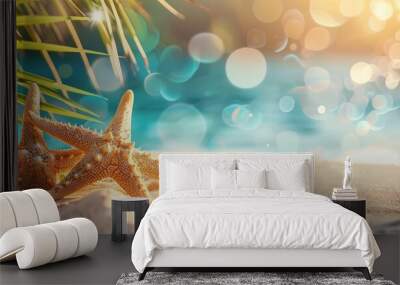 Beautiful summer background with starfish and palm leaves on the beach, copy space for text, banner design, blurred bokeh effect, Wall mural