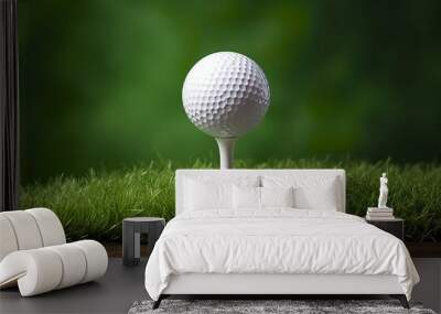 White golf ball on wooden tee with grass. Wall mural