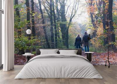 couple walks in autumn forest near Zeist in holland Wall mural