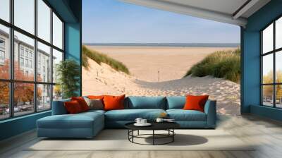 dunes and beach on dutch island of texel on sunny day with blue sky Wall mural