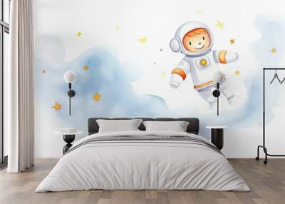 Astronaut robot creates a hologram of the galaxy, shot from the side, focusing on awe, children book watercolor clipart Wall mural