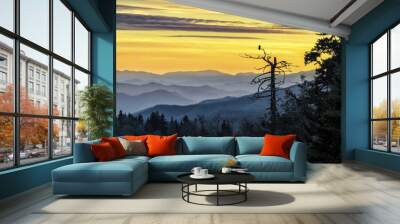 Smoky Mountains, scenic sunset, owl in tree Wall mural