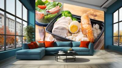 body building lunch box image with chicken breast, salmon and brown rice Wall mural