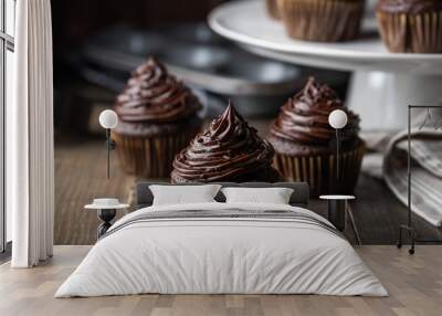 chocolate cupcake on dark wooden background Wall mural