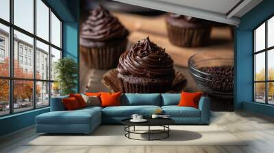 chocolate cupcake on dark wooden background Wall mural