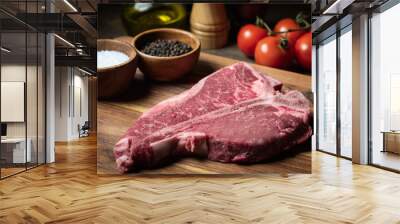 fresh T-Bone steak on wooden cutting board Wall mural