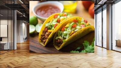 hard shell taco on wooden board with lime Wall mural