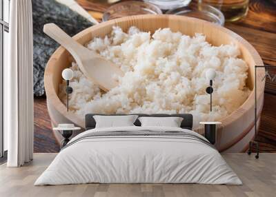 jaoanese sushi rice in wooden bowl with ingredients Wall mural