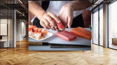 japanese sushi chef making nigiri sushi Wall mural