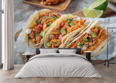 mexican shredded chicken tacos with ingredients Wall mural