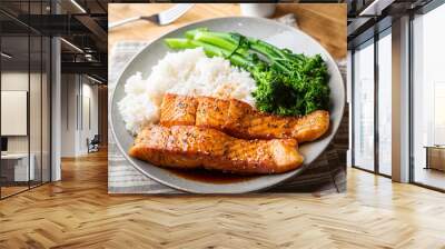 salmon teriyaki with rice and boiled broccolini Wall mural