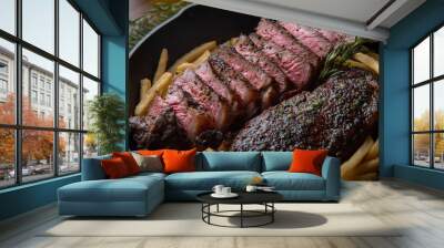 sirloin steak with french fries in iron skillet pan Wall mural