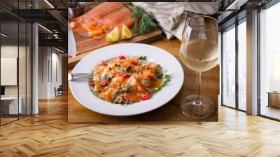 sliced and smoked salmon salada with white wine Wall mural