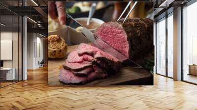 sliceing roasted eye of round beef with knife Wall mural