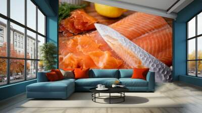 slicing gravlax, cured salmon, with knife Wall mural