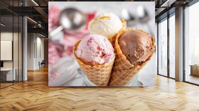 strawberry, vanilla, chocolate ice cream woth waffle cone on marble stone backgrounds Wall mural