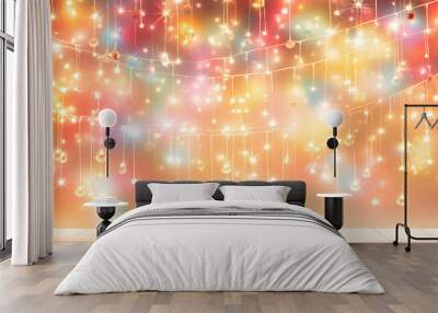 Abstract blurred background with bright glowing lights and shiny stars and balls hanging on strings in warm colors, creating a festive atmosphere for Christmas and New Year. Wall mural