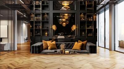 Black and gold luxury living room with tufted sofa, velvet pillows, and geometric chandeliers Wall mural