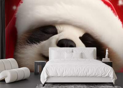 Cute sleeping baby panda wearing a red Santa hat on red background with falling snowflakes Wall mural