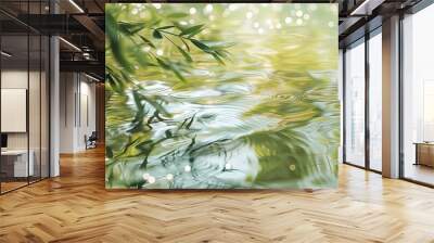 A body of water with green leaves floating on top Wall mural