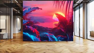 A tropical scene with a red and orange sunset in the background Wall mural