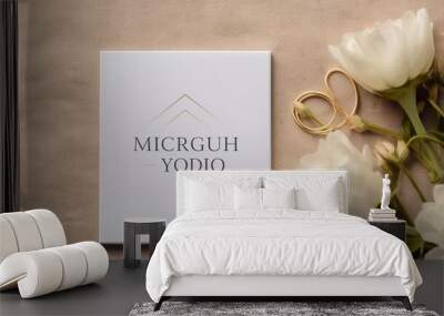 white wedding card mockup decorated with flowers in the corner, mockup material or banner Wall mural