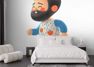 A cute, cartoon-style man with a beard walks in blue pajamas with a white sweater with hearts a white background Wall mural