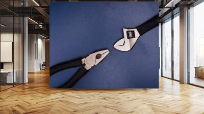 A pliers and an adjustable wrench over blue Wall mural