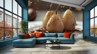 A poached pear dessert sprinkled with almond pieces A taste of Turkish desserts pear dessert Poached pears in red wine Wall mural