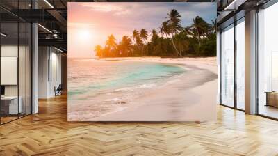 A stunning beach scene captured in a high-quality photograph. The sun is setting, casting a warm golden hue over the calm, turquoise waters.  Wall mural