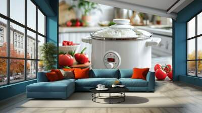 A white rice cooker with a steam basket, offering versatility for cooking rice and steaming vegetables. Wall mural