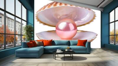 Pink pearl nestled within an open clam shell on a transparent background  Wall mural