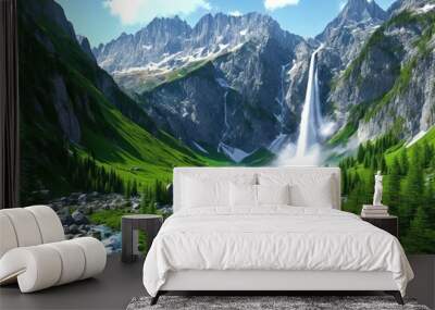 beautiful green mountain landscape waterfall generative ai Wall mural