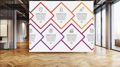 business infographic design 5 parts or steps containing icons, text and numbers, diamond shapes and thin colored lines that are interconnected, for workflow diagrams, banners and your business Wall mural