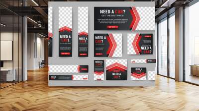 Car Rental banners design web template Set, Horizontal header web banner. Gradient black and red. cover header background for website design, Social Media Cover ads banner, flyer, invitation card Wall mural