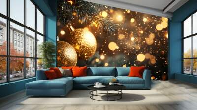 Christmas Golden Ornaments on Glittering Background Wall mural