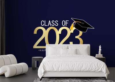 Class of 2023 with Graduation Cap. Golden design isolated on dark blue background Wall mural