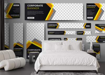 Corporate banner design web template Set, Horizontal header web banner. Modern Gradient black and yellow cover header background for website. Social Media Cover ads banner, flyer, invitation card Wall mural