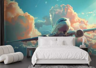 Create a whimsical illustration of a journey through the clouds on an airplane Wall mural