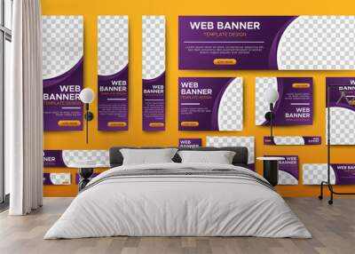 Creative banners design web template Set, Horizontal header web banner. Gradient purple and yellow. cover header background for website design, Social Media Cover ads banner, flyer, invitation card Wall mural