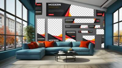 Creative web banners of standard size with a place for photos. Gradient black and red. Business ad banner. Vertical, horizontal and square template.	 Wall mural