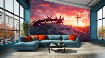 Crown of Thorns and Cross Silhouette Against Sunset Sky Wall mural