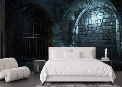 Dark Stone Dungeon with Iron Gate and Shadows Wall mural