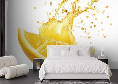 Delicious lemon slice splashing fresh juice isolated on transparent background. Wall mural