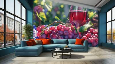 Delicious red wine and ripe grapes on a checkered blue table close in the summer cottage garden Red natural wine bunch of grapes in a garden in nature Wall mural