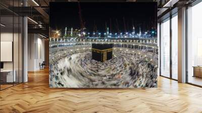 WIde angle view of Muslim pilgrims circumambulate the Kaaba counter-clockwise at Masjidil Haram in Makkah, Saudi Arabia. Wall mural