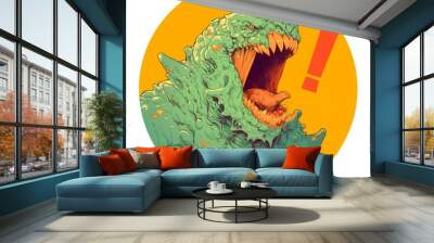 Green monster roaring with sharp teeth in a cartoon style illustration.  Concept of monster, fantasy, and  scary creature. Wall mural