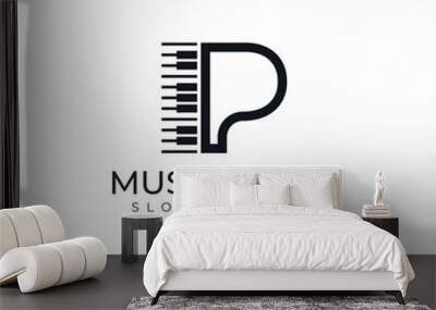 logo letter p piano instrument or playing music. with an illustrated keyboard. two variations of bla Wall mural